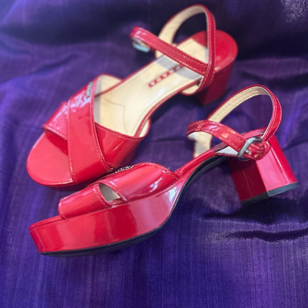 Vintage Prada Patent Leather Cherry Red Sandals / 38.5